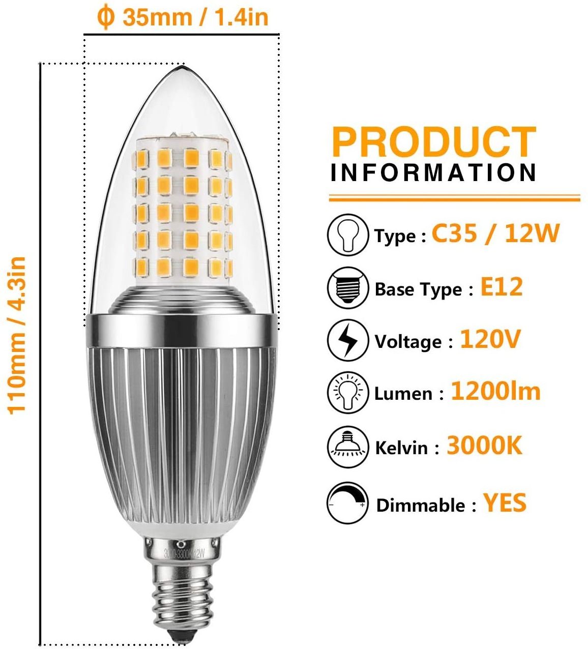 Home Decoration Flicker Free Crystal Chandelier Light Source Dimmable E14 E26 E2712W LED Candle Bulb