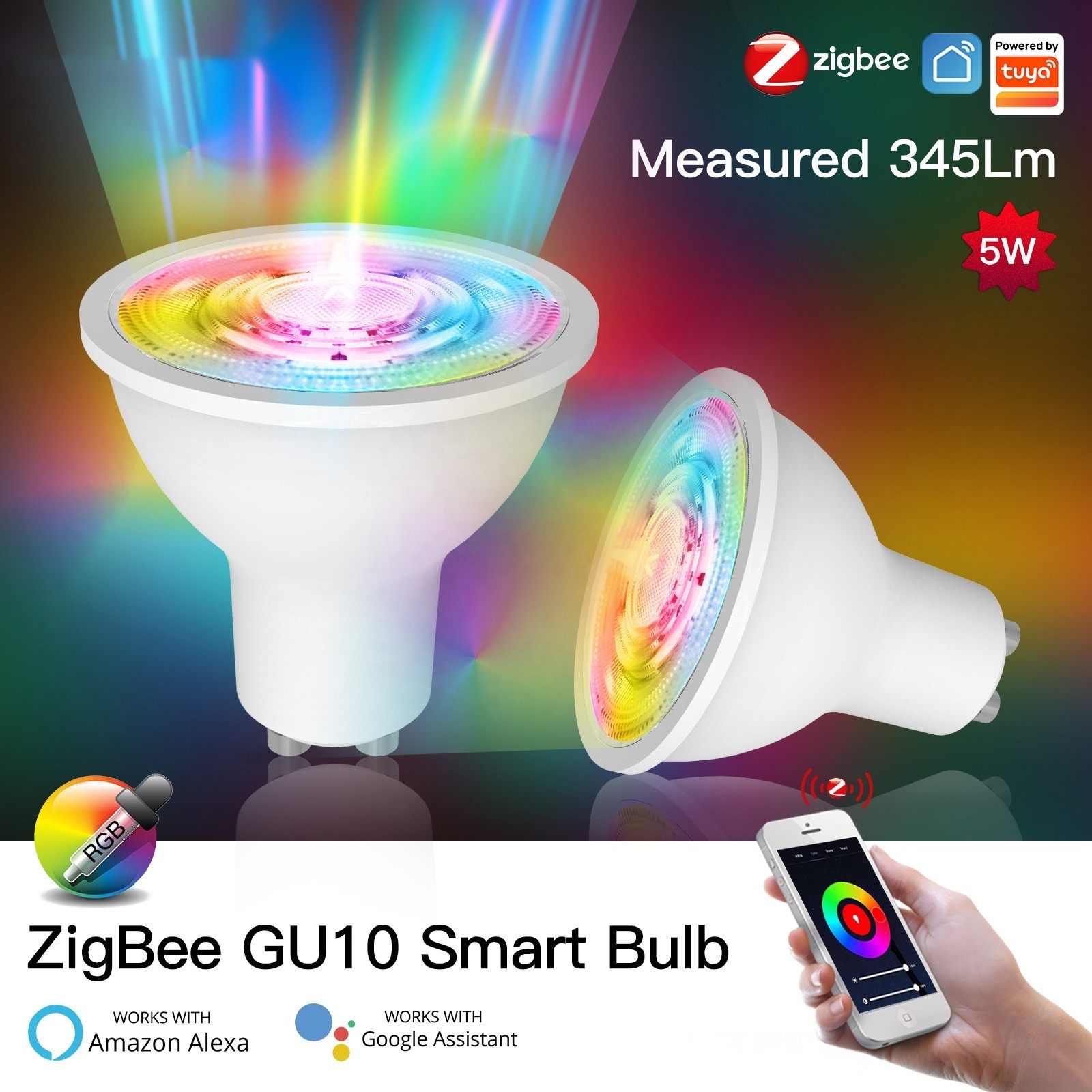 Tuya ZigBee 3.0 GU10 Smart LED Bulbs RGB C+W White 5W Dimmable Lamps Smart Life APP Control Light Bulbs Work with Alexa/Google