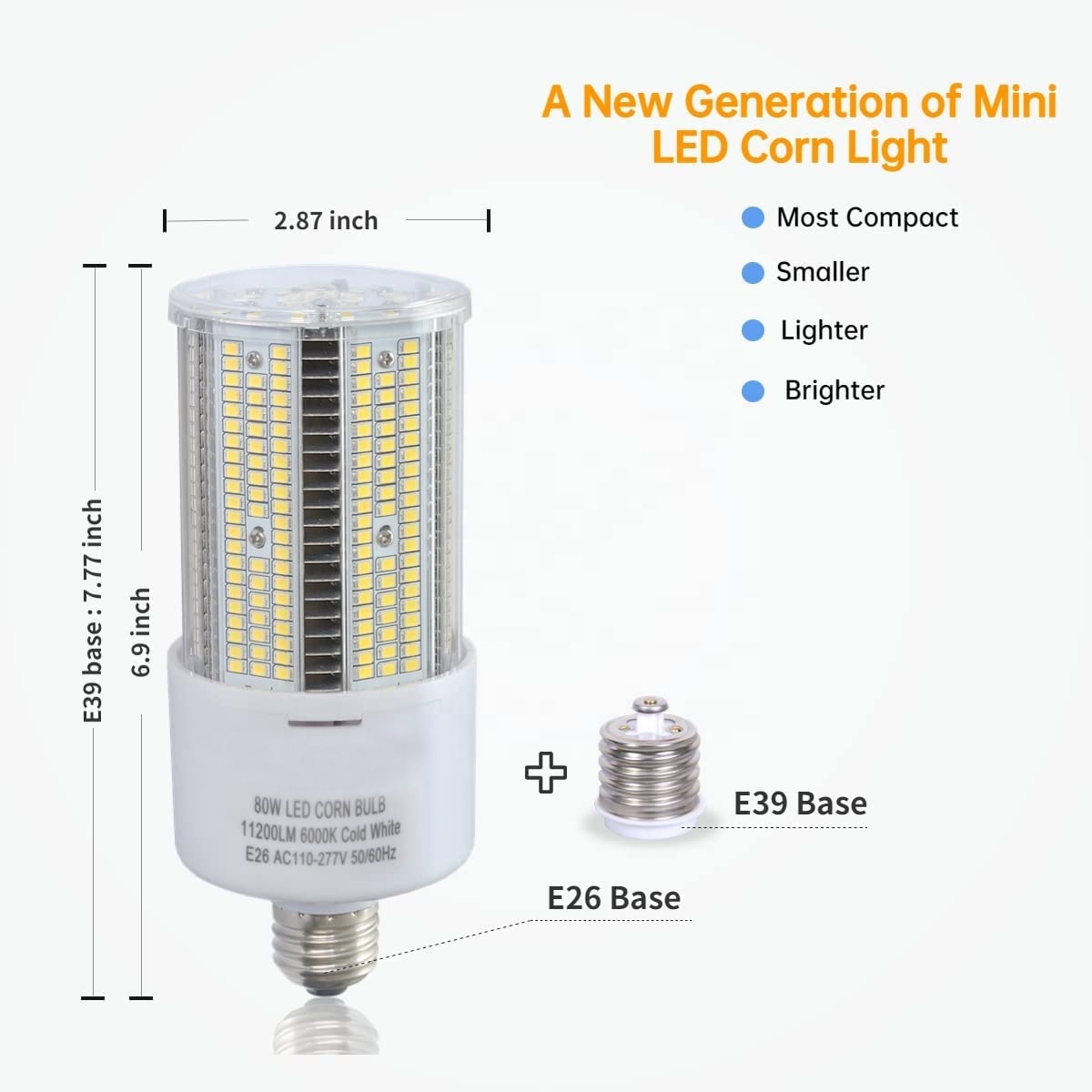 Indoor/Outdoor Lighting Waterproof IP65 Garden Street Light High CRI 80W 6000K 150lm/w E40 Led Corn Bulb