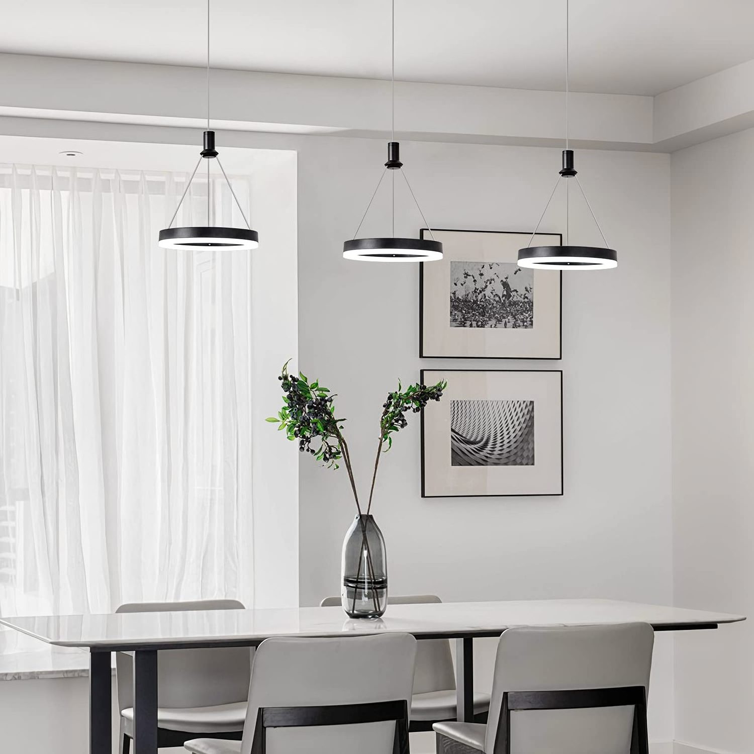 Modern Dining Room Black 15W 6000K Cool White Dimmable Chandelier For Kitchen Island Adjustable Hanging Pendant Light Fixtures