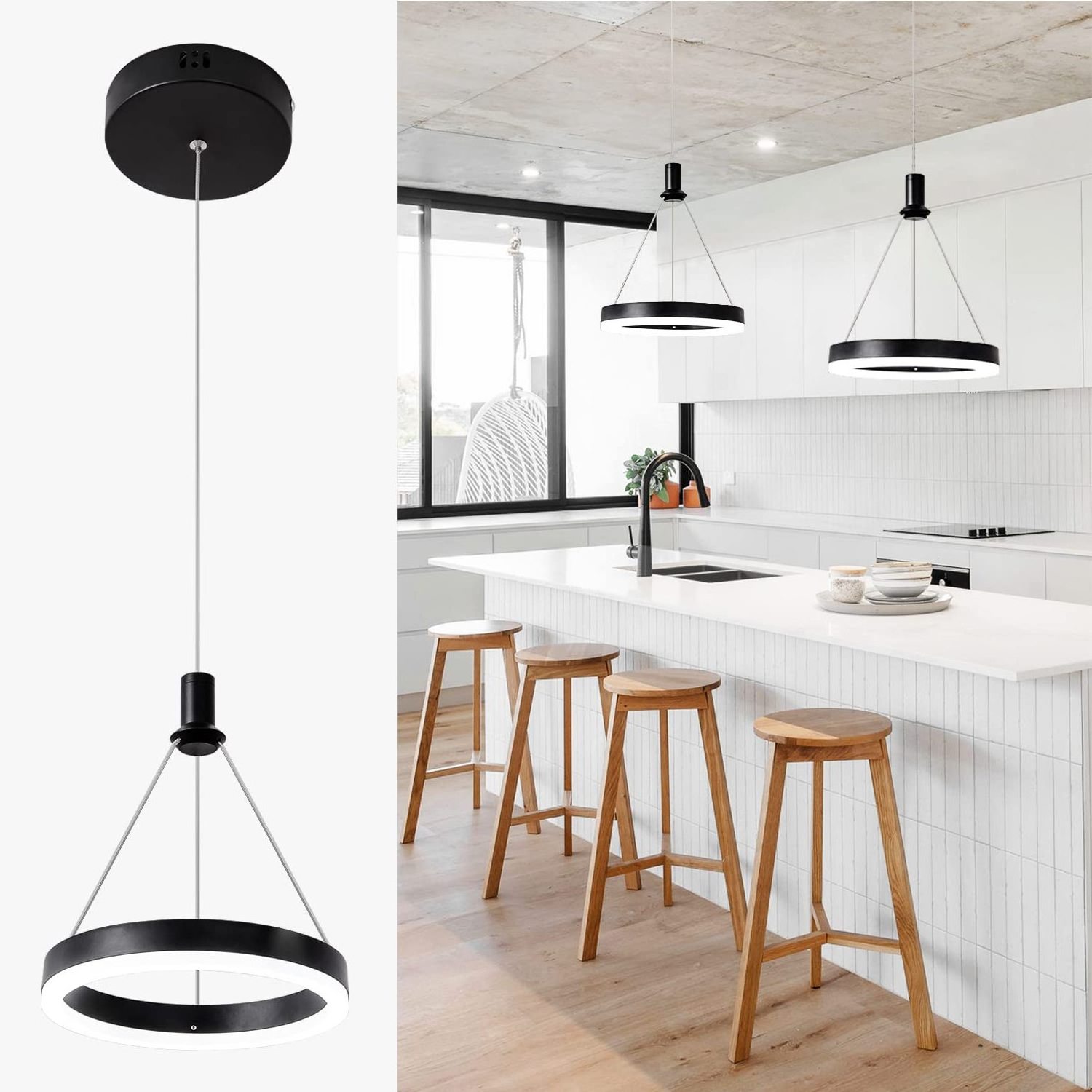 Modern Dining Room Black 15W 6000K Cool White Dimmable Chandelier For Kitchen Island Adjustable Hanging Pendant Light Fixtures