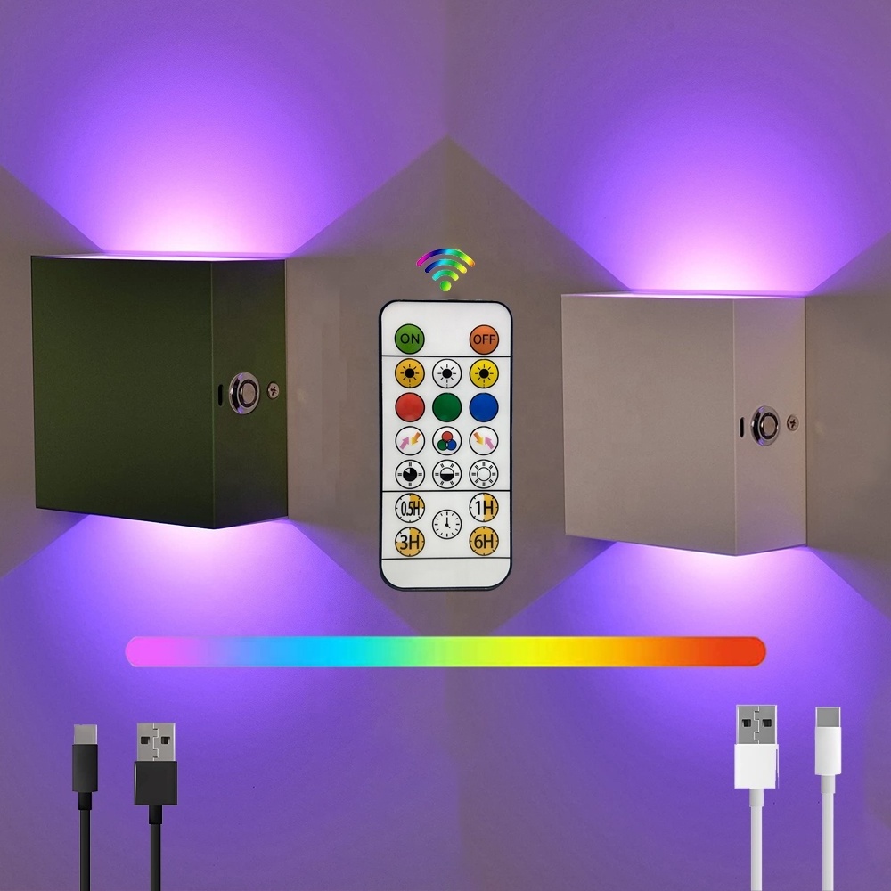 Square Black/White RGB Colorful Magnetic Wall Sconce With Remote Control USB rechargeable Wireless Dimmable Up Down Wall Light