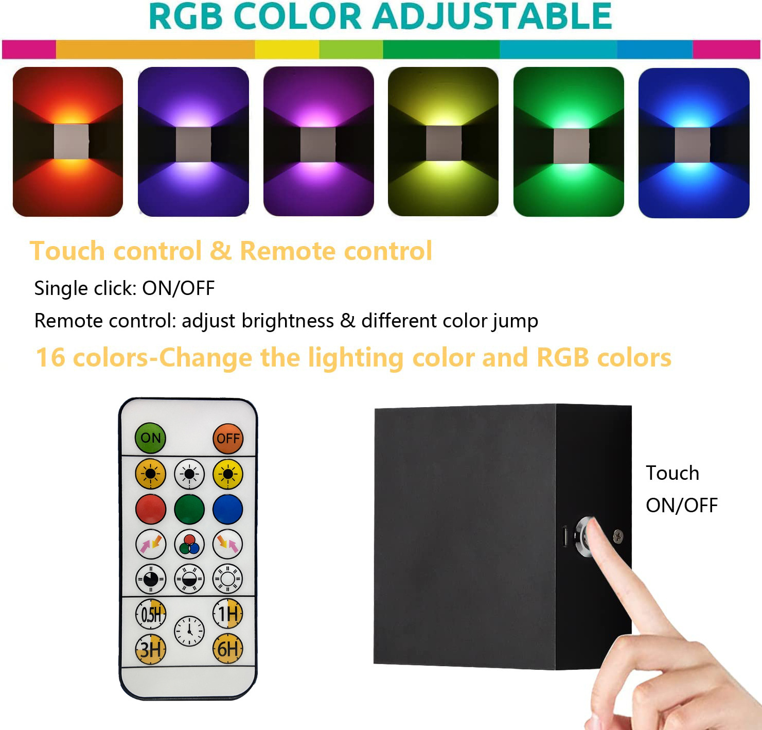 Square Black/White RGB Colorful Magnetic Wall Sconce With Remote Control USB rechargeable Wireless Dimmable Up Down Wall Light