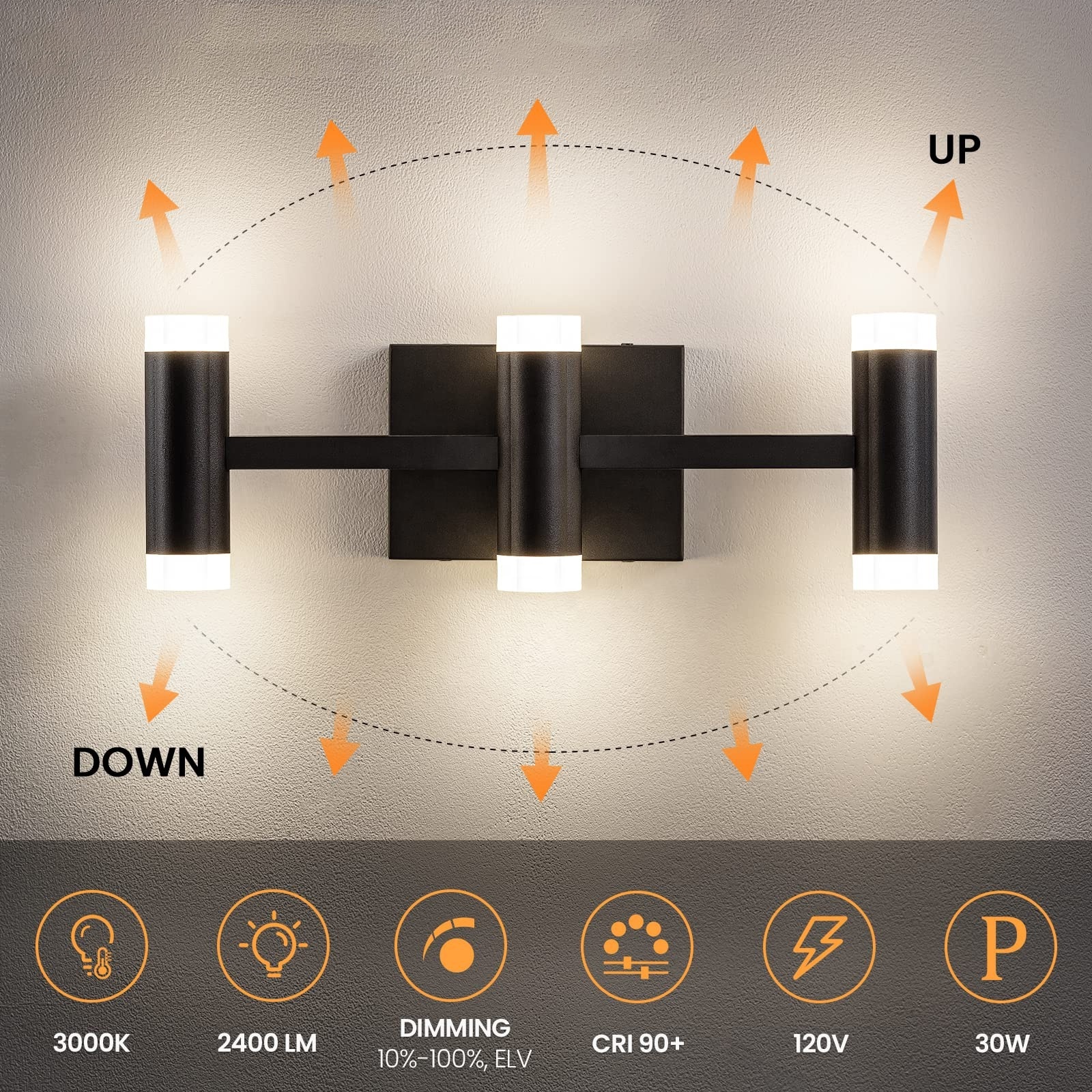 30W Dimmable LED Black Vanity wall light 3 Lights Modern Bathroom Light Fixture Wall mounted LED wall lamp