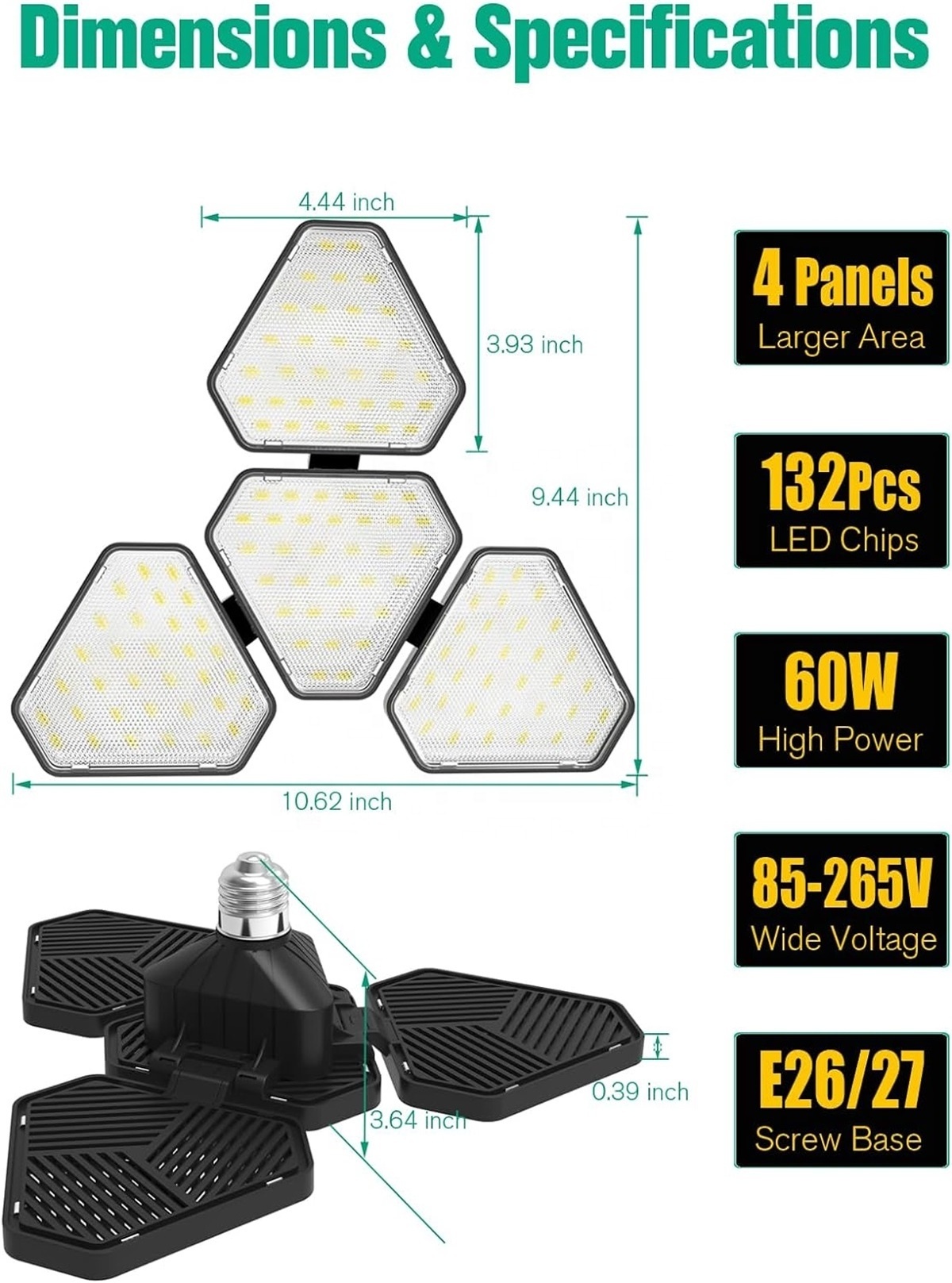 120W adjustable led Garage Light with 4 Deformable Panels foldable High Bay light E26 E27 Base Warehouse LED Ceiling Lights