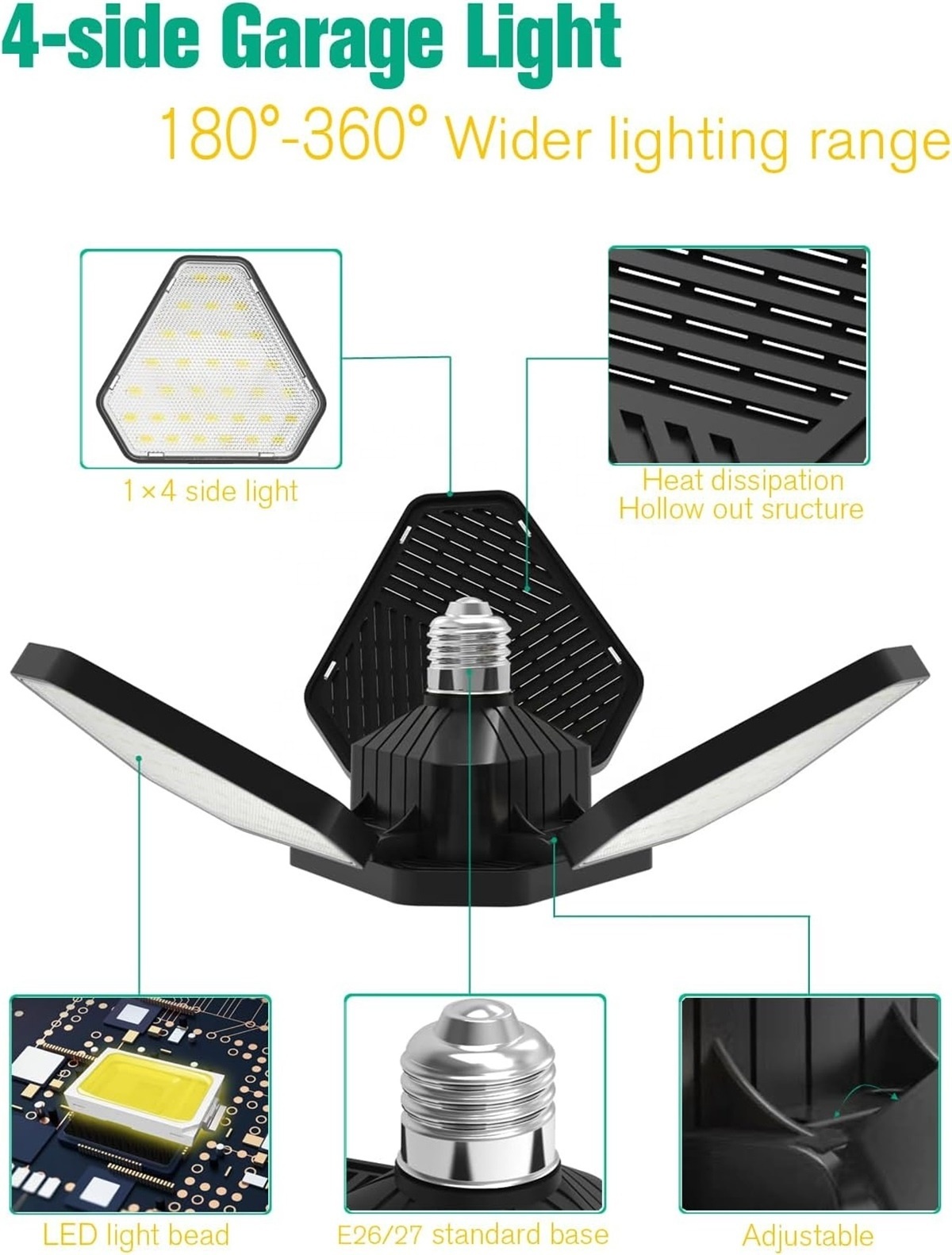 120W adjustable led Garage Light with 4 Deformable Panels foldable High Bay light E26 E27 Base Warehouse LED Ceiling Lights