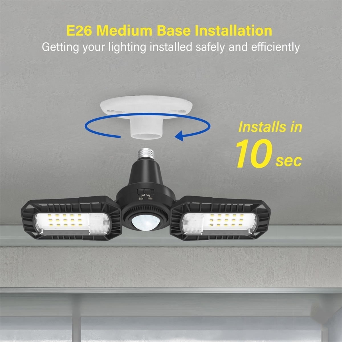 30W Motion Sensor LED Garage Light Deformable Ceiling Lights with 2 Adjustable Panel Workshops E26 base led Pendant lampght