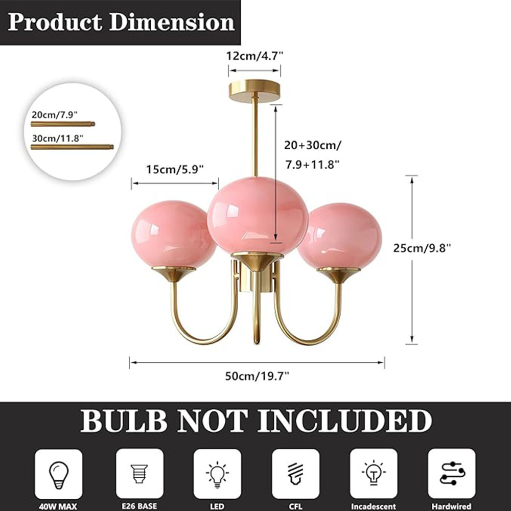 Modern chandeliers LED Gold globe Bedroom Pink glass ceiling light in living room Retro industrial lighting in dining room