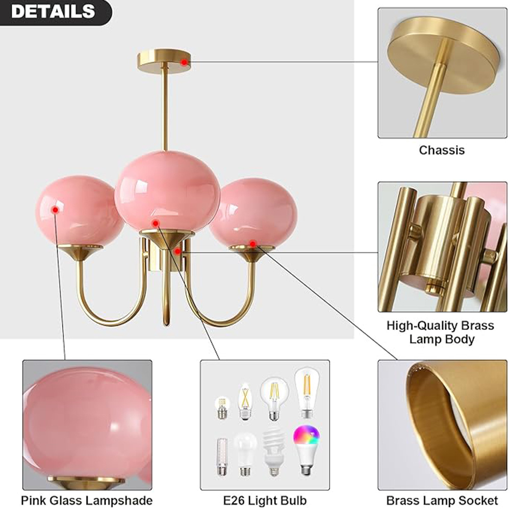 Modern chandeliers LED Gold globe Bedroom Pink glass ceiling light in living room Retro industrial lighting in dining room