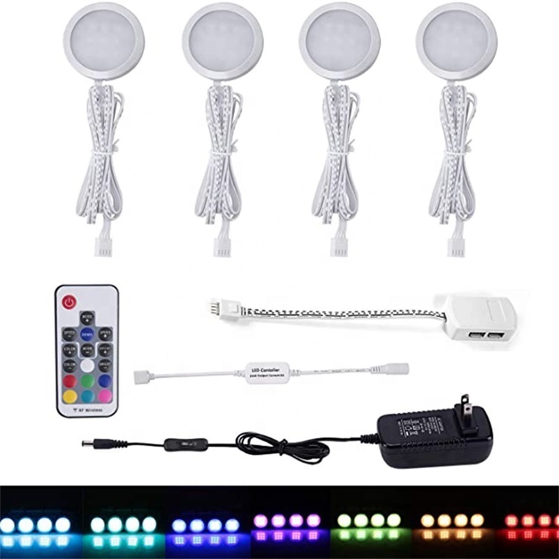 2W DC12V RGB Color Changing recessed Led Cabinet Lights with RF remote control No punch Paste colorful Led Puck Lights