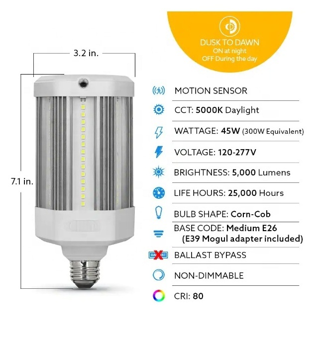 300W Equivalent 50000lm High Lumen Corn lamp with motion sensor 45W Daylight 5000K E27/E39 LED Light Bulb