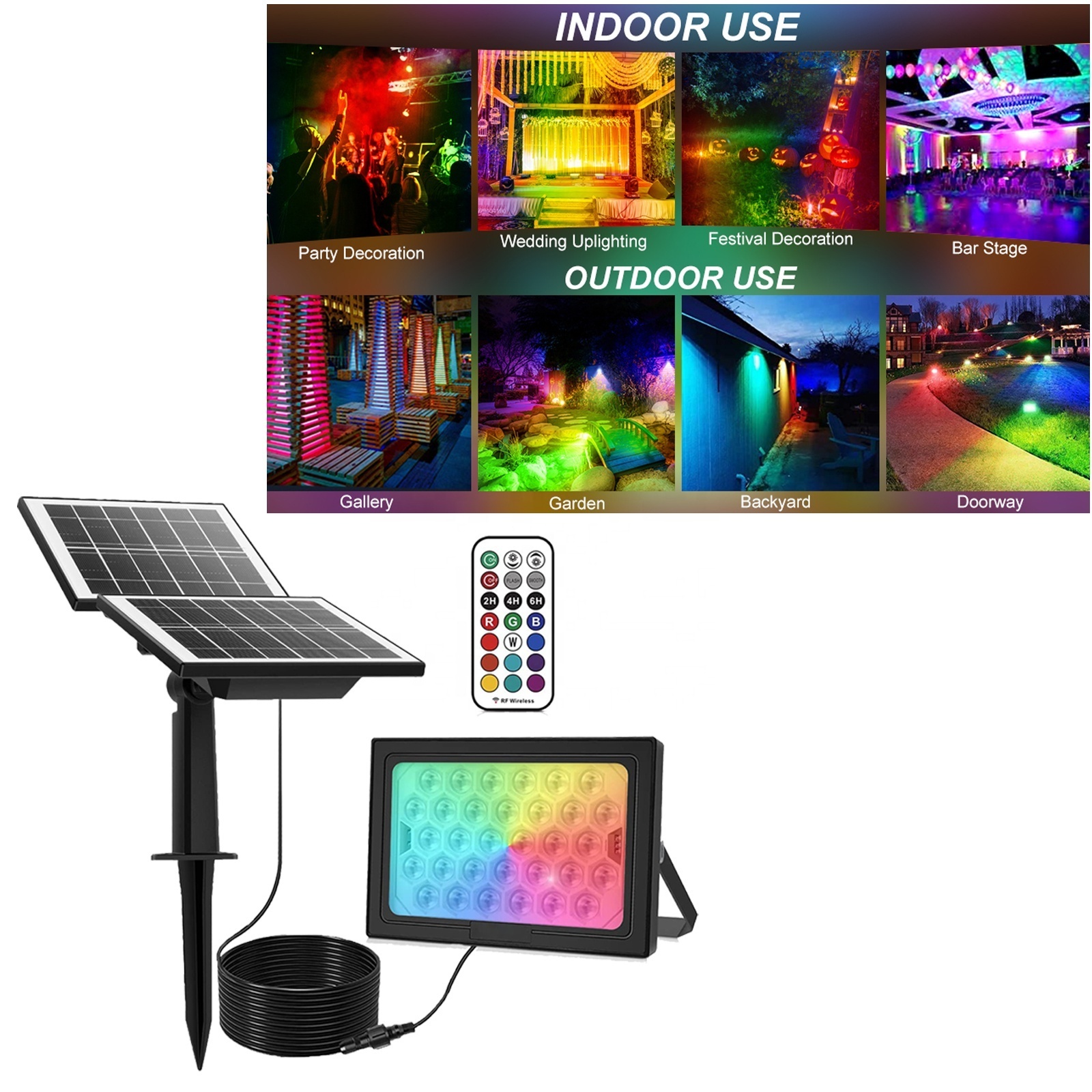 30W remote control solar RGB flood light smart solar landscape light indoor and outdoor building lighting color solar wall lamp