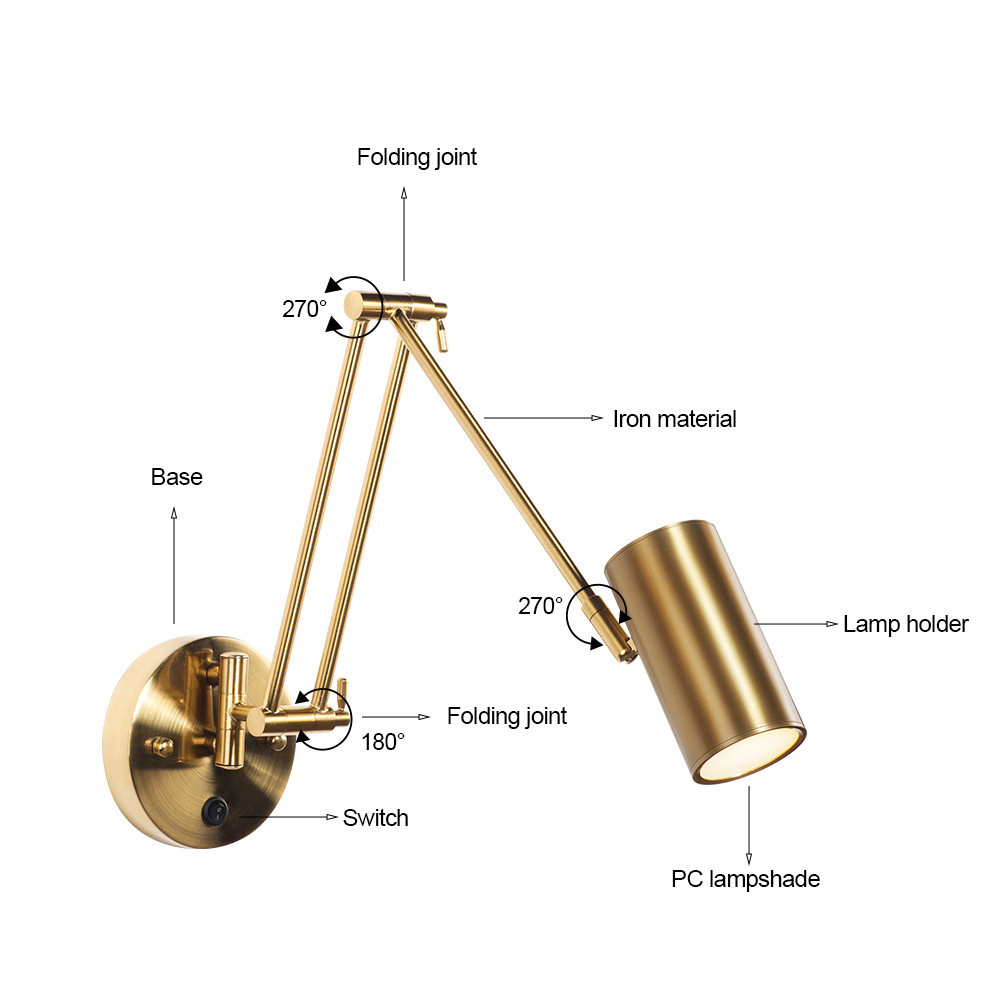 Led Wall Light Nordic Adjustable Swing Long Arm Golden Wall Lamp E27 base spotlight Bedroom Sconce Bedside study Corridor Light