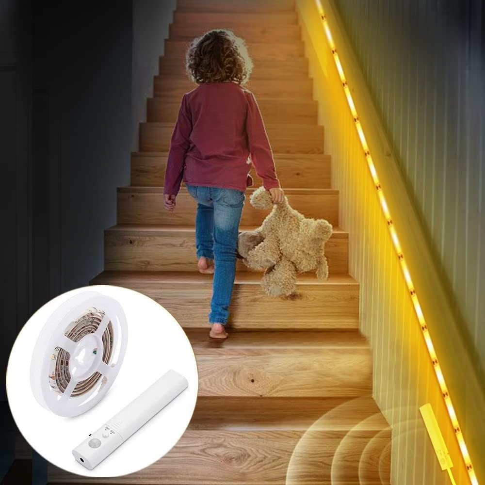 4.92ft PIR Motion Sensor Activated LED Stair Lights Indoor Stairway Lighting Staircase Kit 5V Warm White LED Linear Strip Lamp