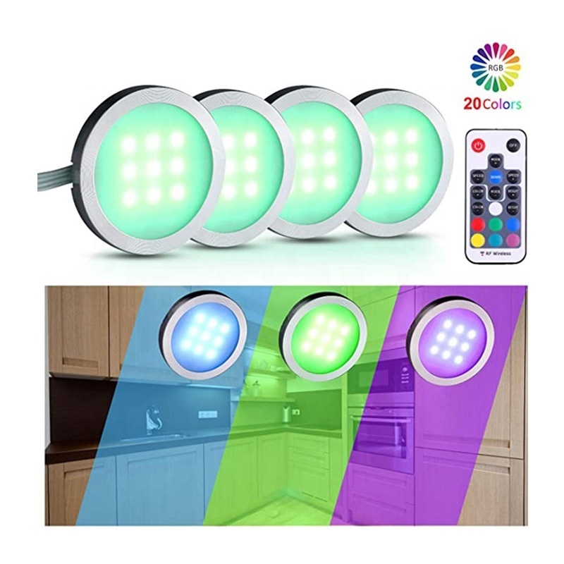 2W DC12V RGB Color Changing recessed Led Cabinet Lights with RF remote control No punch Paste colorful Led Puck Lights