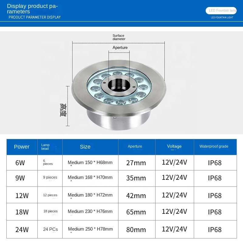 12w RGB LED Fountain Lights IP68 Waterproof outdoor Colorful Led Underground Pond Lamp DC24V Swimming Pool Light