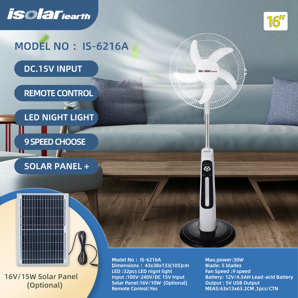 Remote Control 18 Inches 5 Blades Rechargeable Stand Fan 12 Pcs Led Night Light Dc Fan Solar Floor Fans For Home 18 Inch