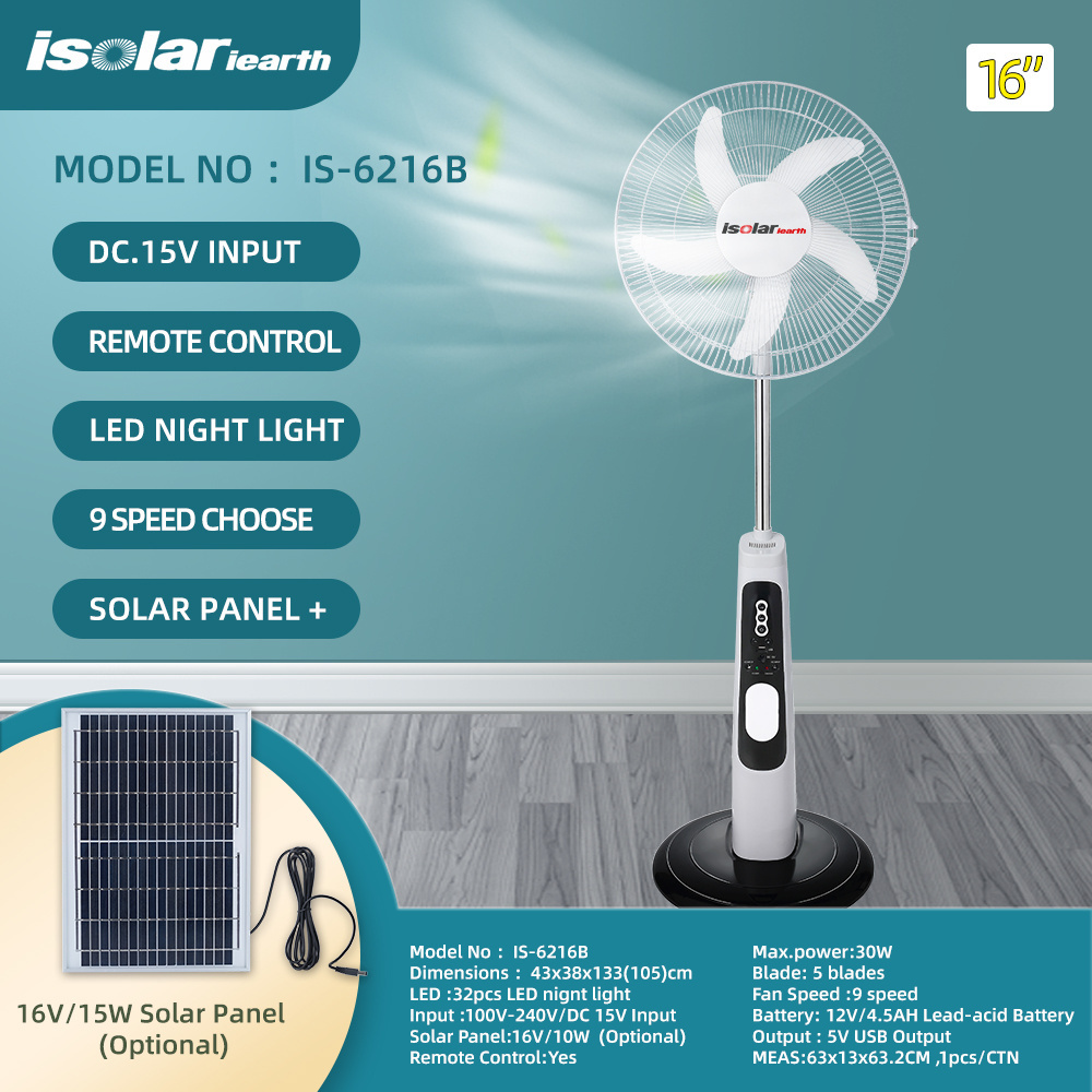 16 Inches 5 Blades Rechargeable Stand Fan Portable Solar Power Electric Rechargeable Solar Floor Fan