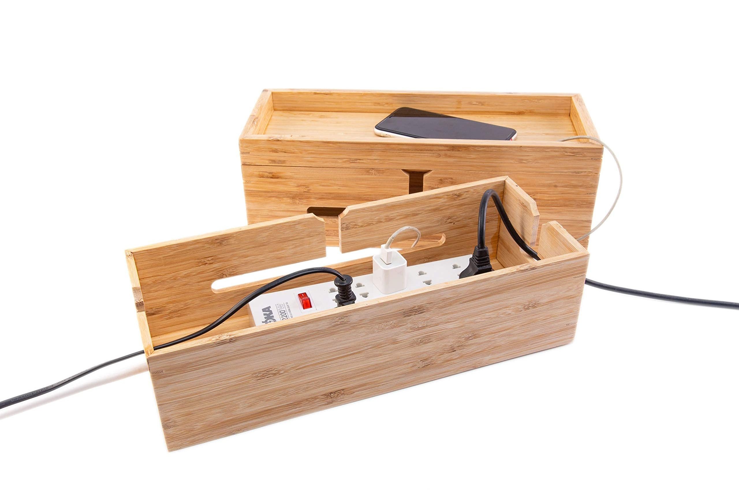 Bamboo Cable Management Box Stylish Cord Organizer Box Conceal Power Strips Electrical Cords from TV Computer USB Hub