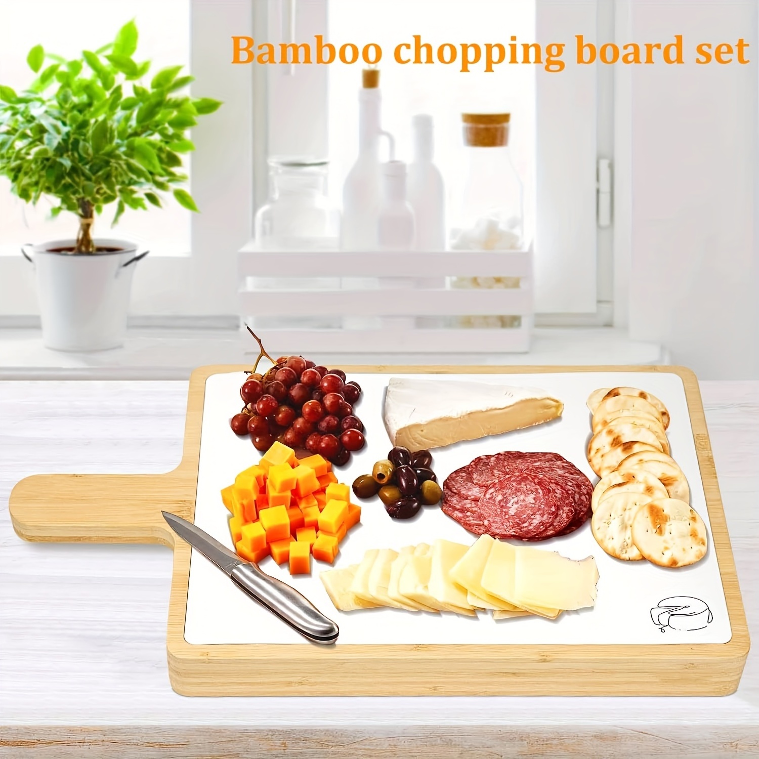 Bamboo Chopping Charcuterie Boards Serving Tray Cutting Boards Chopping Block with Handle And 7 White PP Flexible Cutting Mats