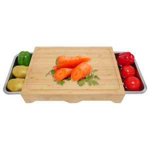 Bamboo Wooden Chopping Board Cutting With Sliding Stainless Steel Tray