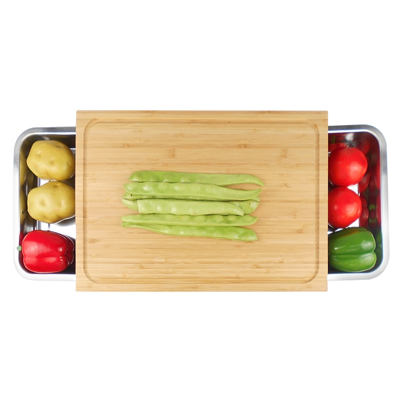 Bamboo Wooden Chopping Board Cutting With Sliding Stainless Steel Tray