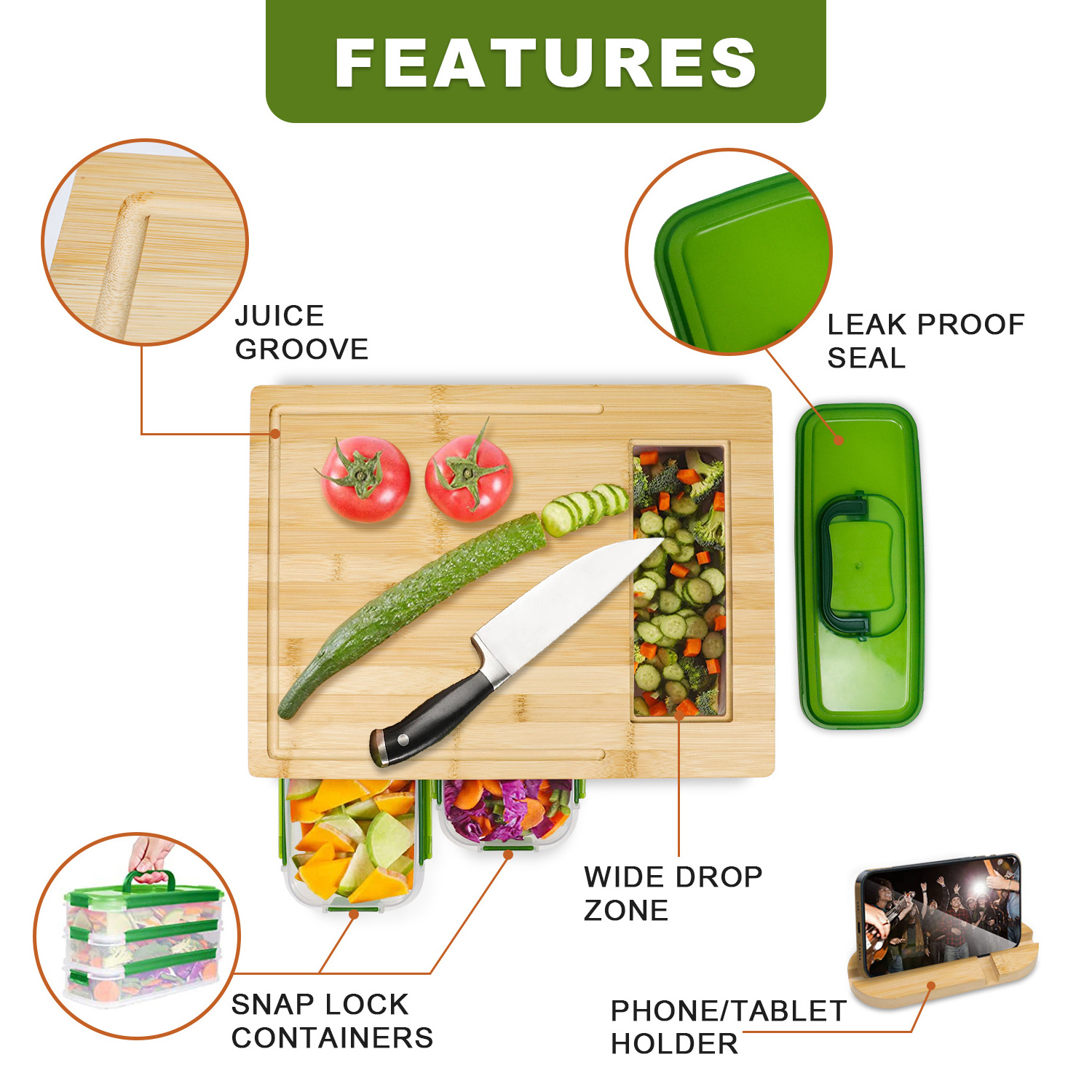 Bamboo Cutting Board Easy To Clean Food Prep Station With Stackabkle Airtight Containers, Locking Lid, Built-in GRATER