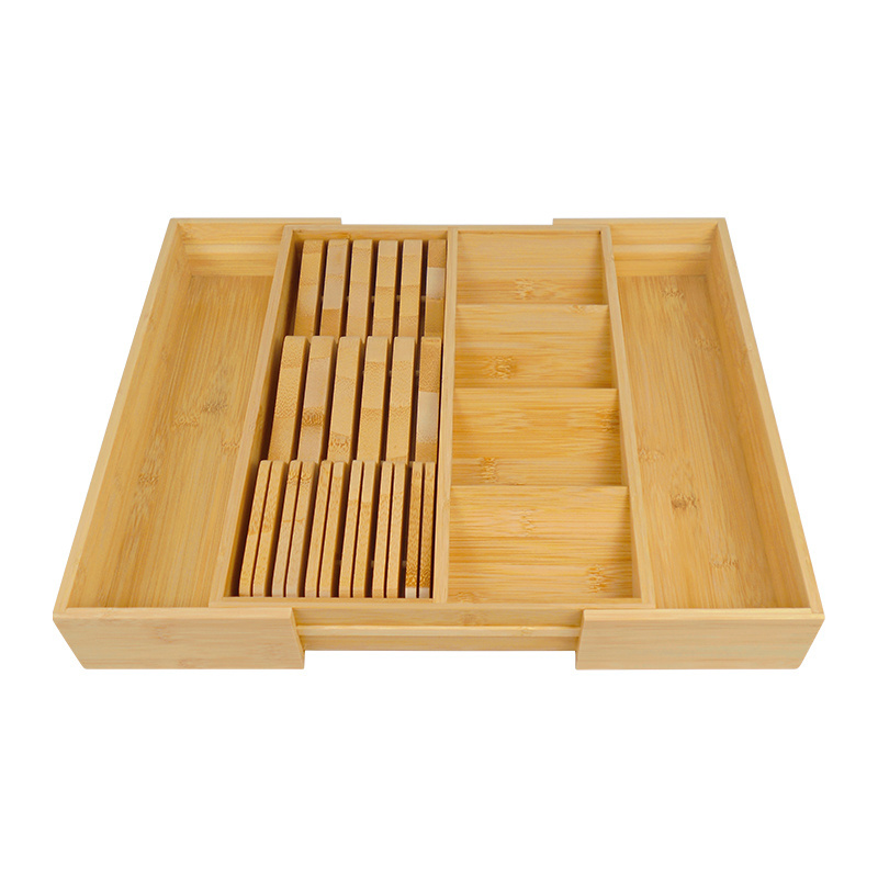 Eco Friendly Kitchen Wood Utensil Adjustable Cutlery Tray Natural Bamboo Drawer Organizer With Knife Storage