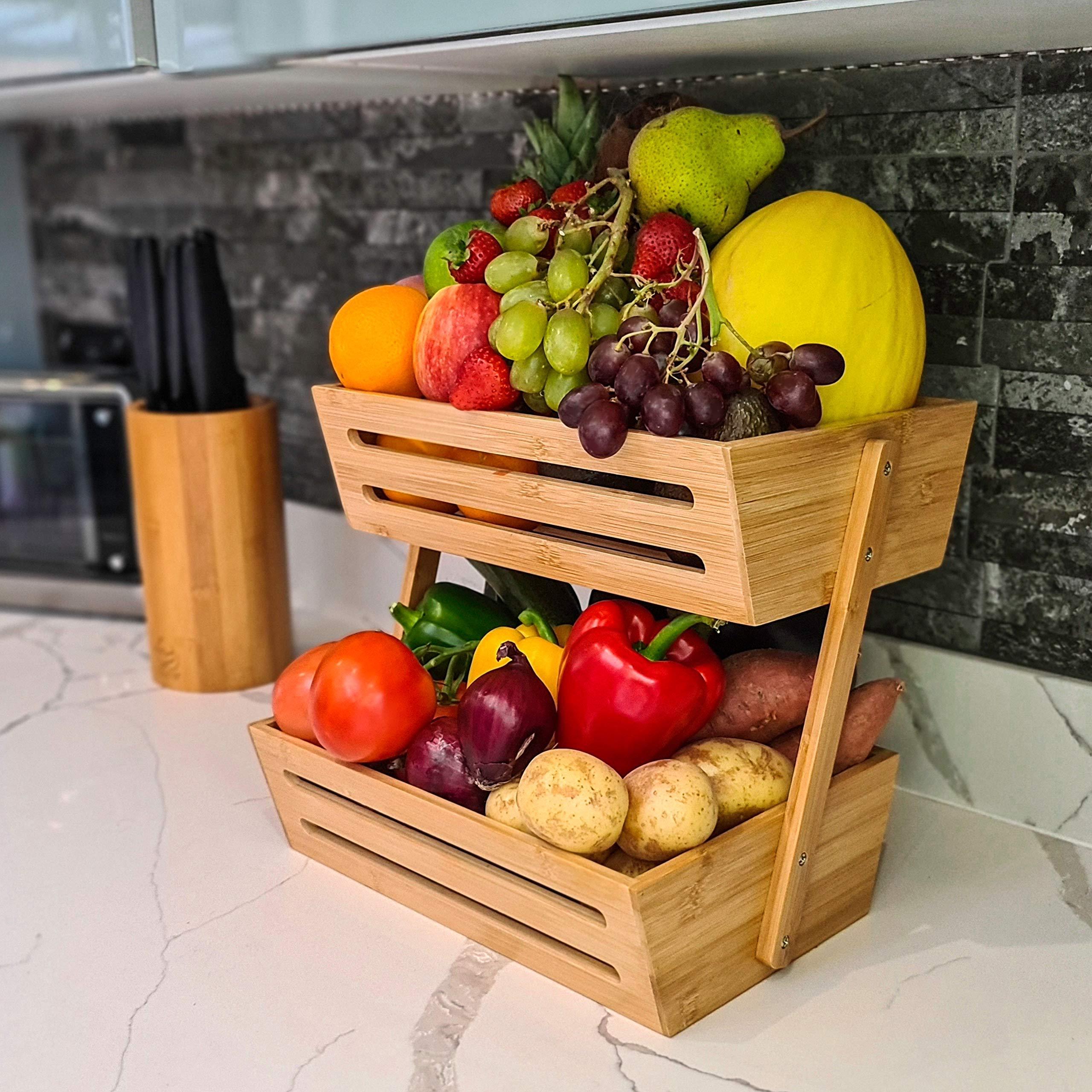 Bamboo Wood Fruit Basket Holder Vegetable Bread Storage Stand Kitchen 2 Tier Wooden Produce Standing Organizer