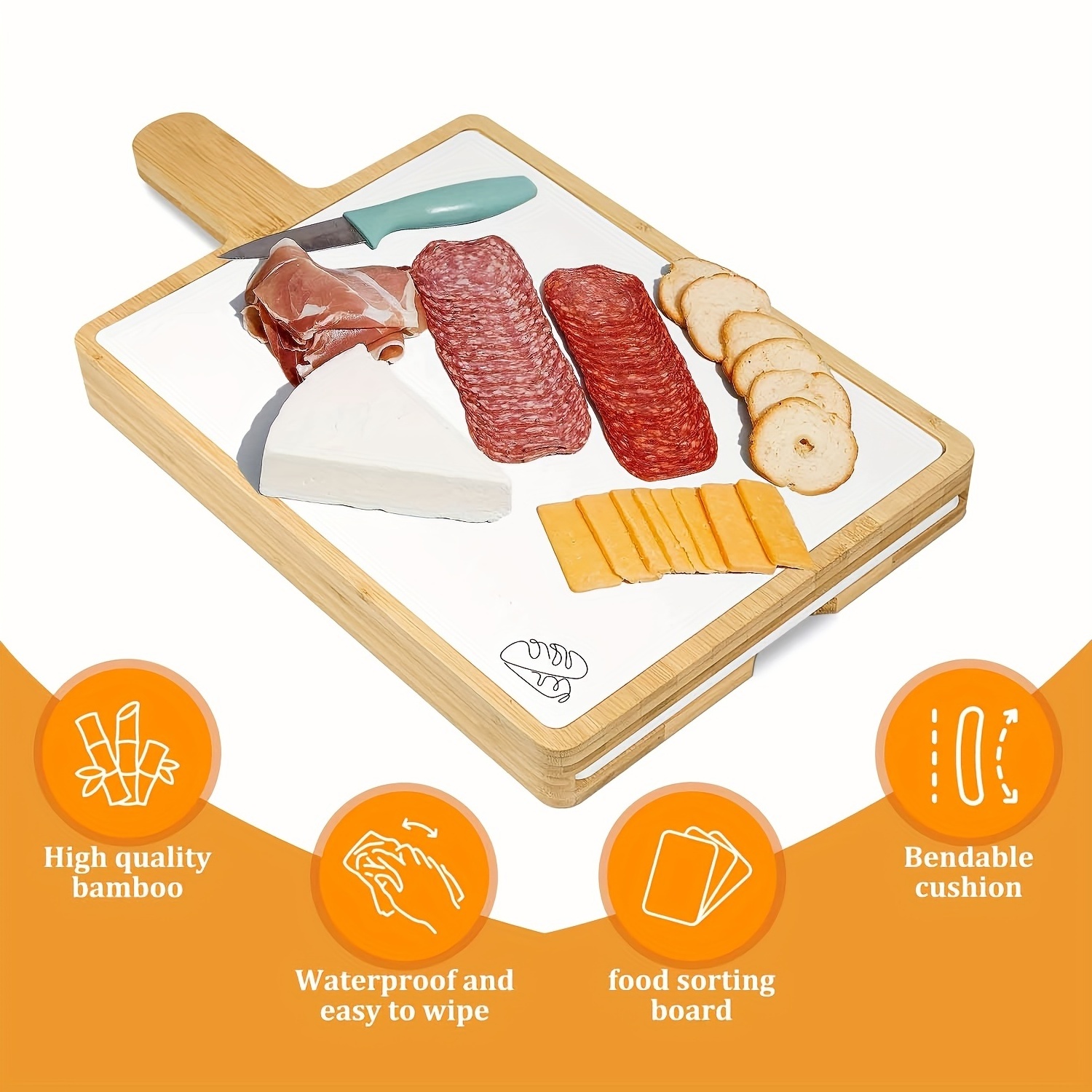 Bamboo Chopping Charcuterie Boards Serving Tray Cutting Boards Chopping Block with Handle And 7 White PP Flexible Cutting Mats