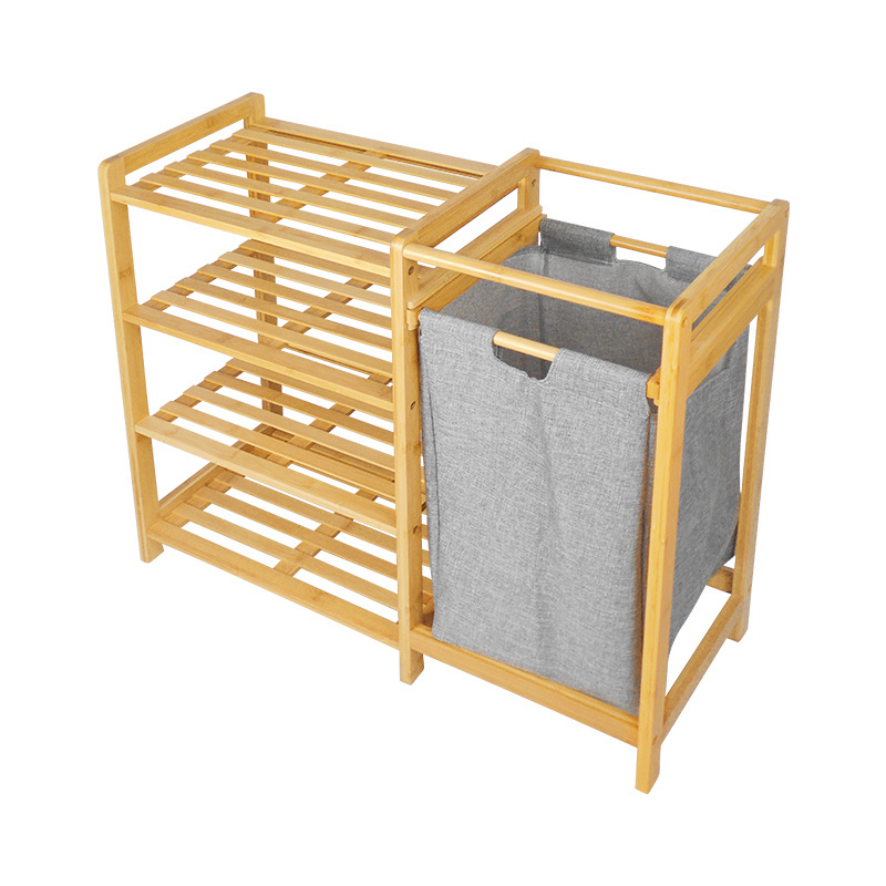 Bamboo Laundry Hamper with Dual Compartments Two-Section Laundry Basket with Removable Sliding Bags & Shelf