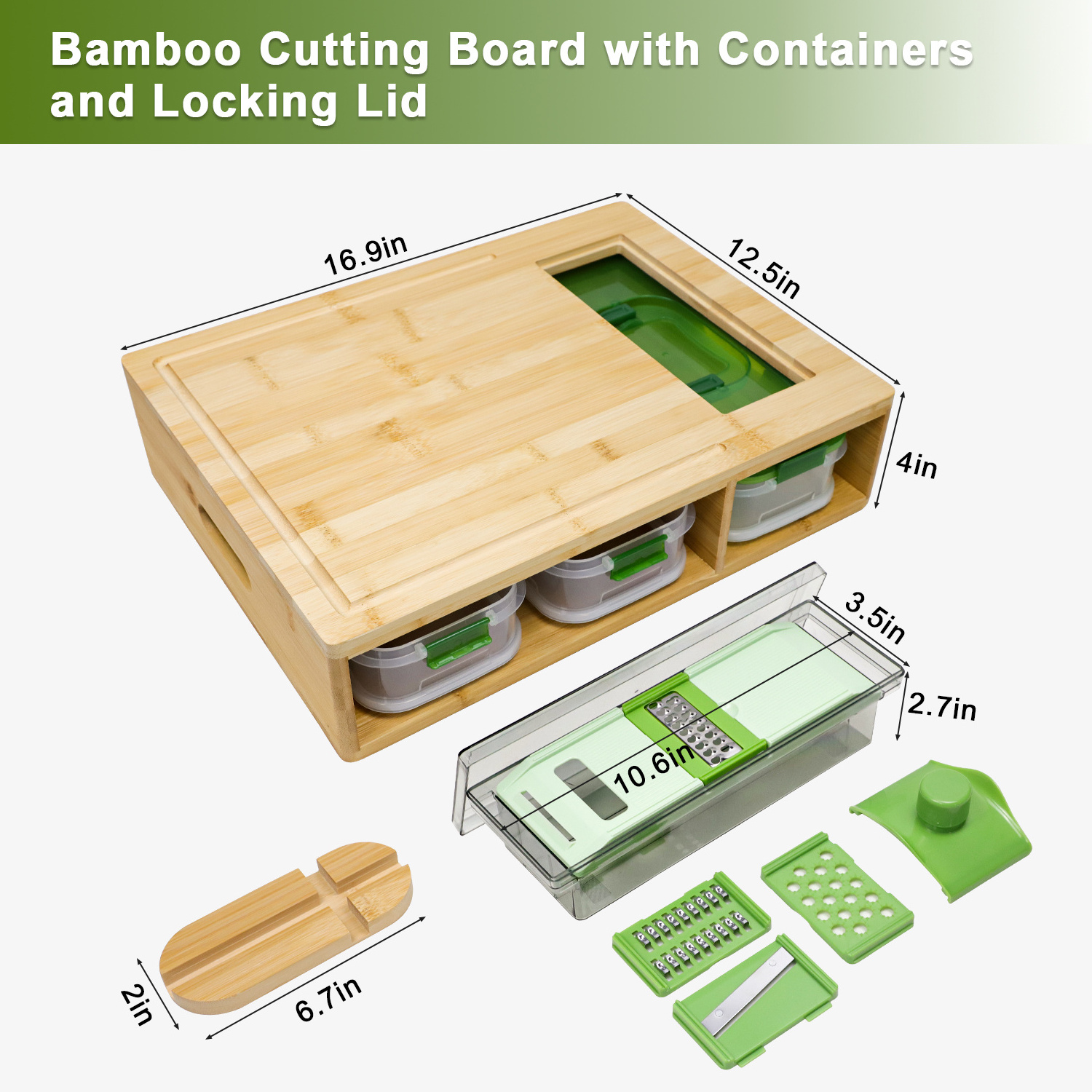 Bamboo Cutting Board Easy To Clean Food Prep Station With Stackabkle Airtight Containers, Locking Lid, Built-in GRATER