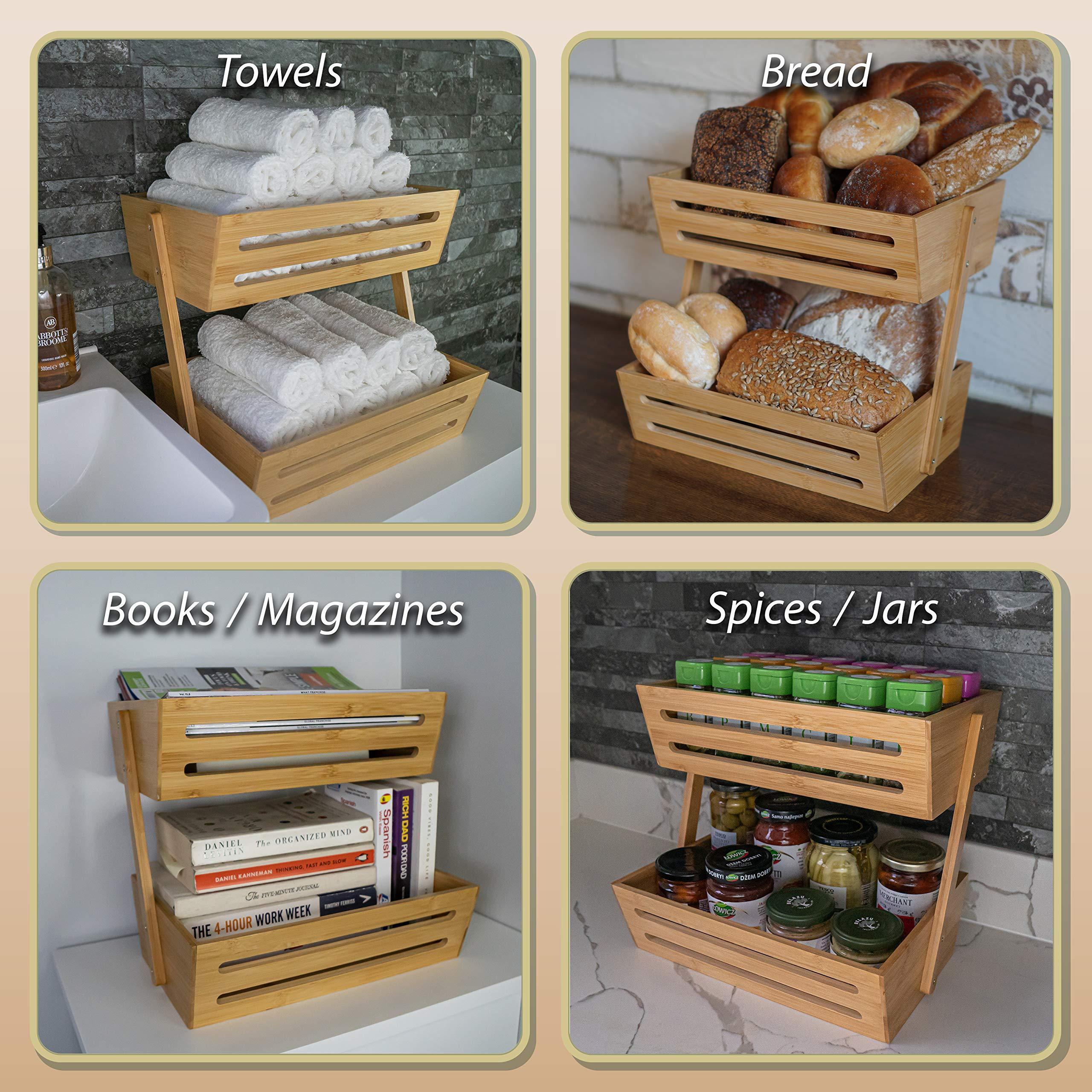 Bamboo Wood Fruit Basket Holder Vegetable Bread Storage Stand Kitchen 2 Tier Wooden Produce Standing Organizer