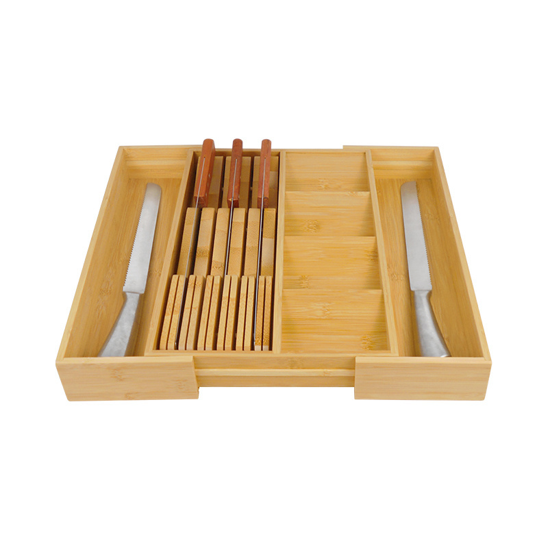 Eco Friendly Kitchen Wood Utensil Adjustable Cutlery Tray Natural Bamboo Drawer Organizer With Knife Storage