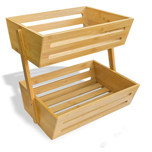 Bamboo Wood Fruit Basket Holder Vegetable Bread Storage Stand Kitchen 2 Tier Wooden Produce Standing Organizer