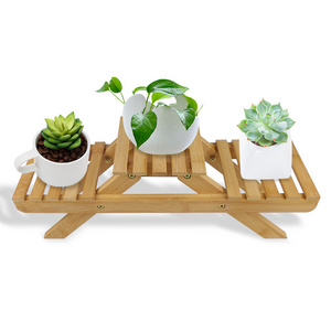 2 Layers Mini Bamboo Plant Stand Small Flower Display Rack Shelf for Indoor Outdoor Garden Desktop Decoration