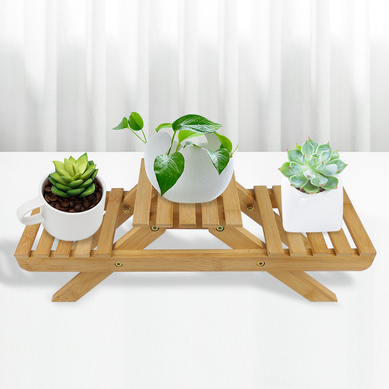 2 Layers Mini Bamboo Plant Stand Small Flower Display Rack Shelf for Indoor Outdoor Garden Desktop Decoration