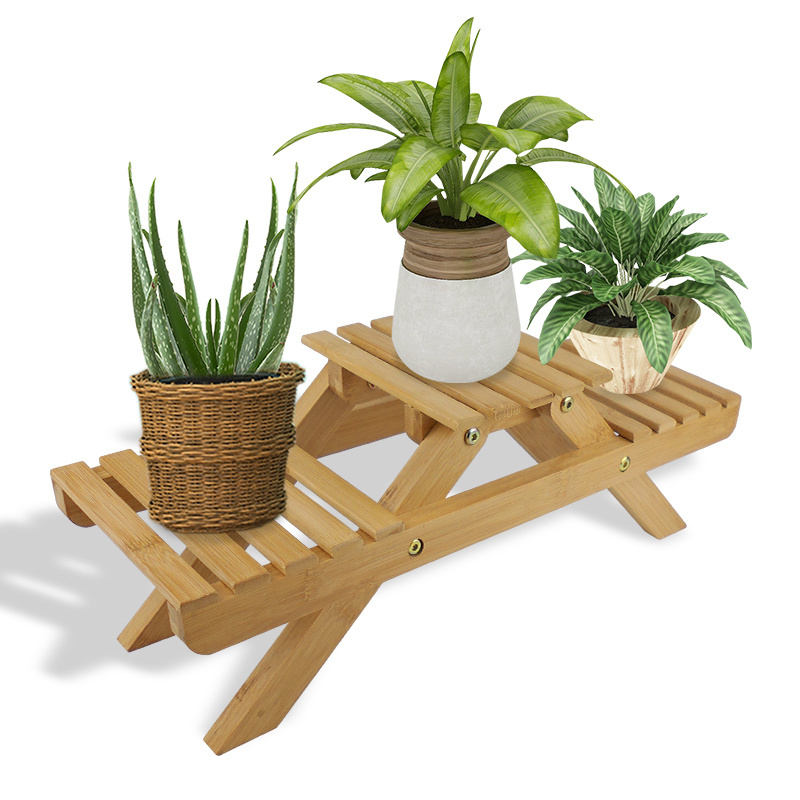 2 Layers Mini Bamboo Plant Stand Small Flower Display Rack Shelf for Indoor Outdoor Garden Desktop Decoration