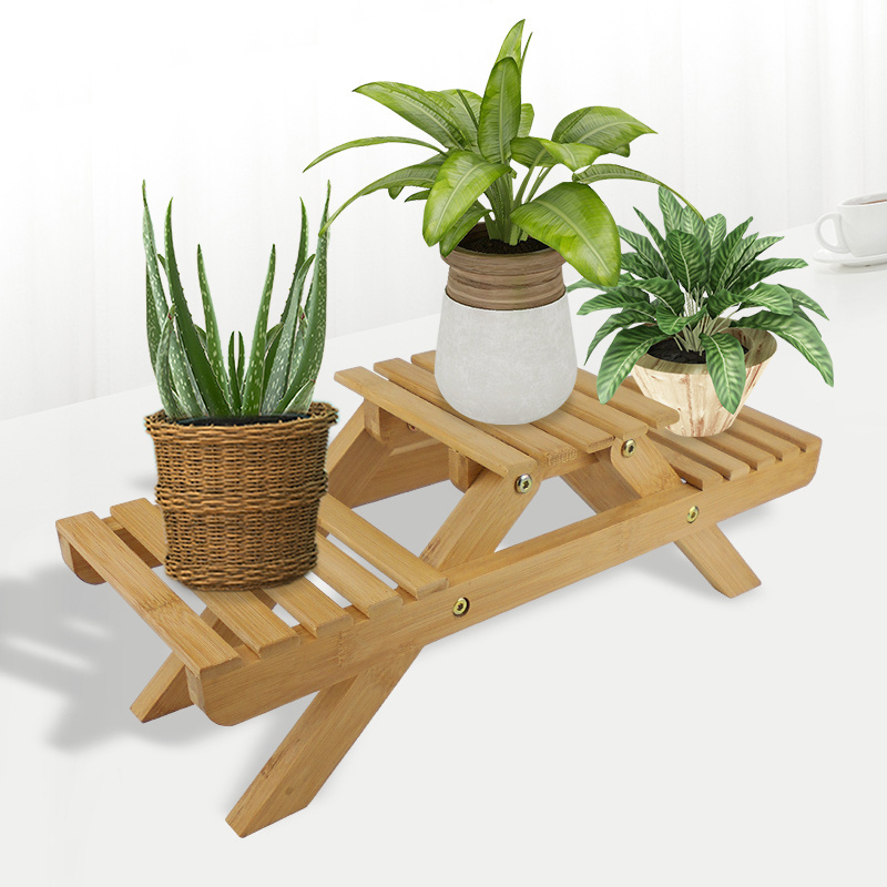 2 Layers Mini Bamboo Plant Stand Small Flower Display Rack Shelf for Indoor Outdoor Garden Desktop Decoration