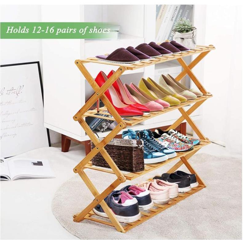 Multi functional Free Standing Folding 2 Tier Bamboo Shoe Organizer Shoe Shelf Storage Organizer Rack