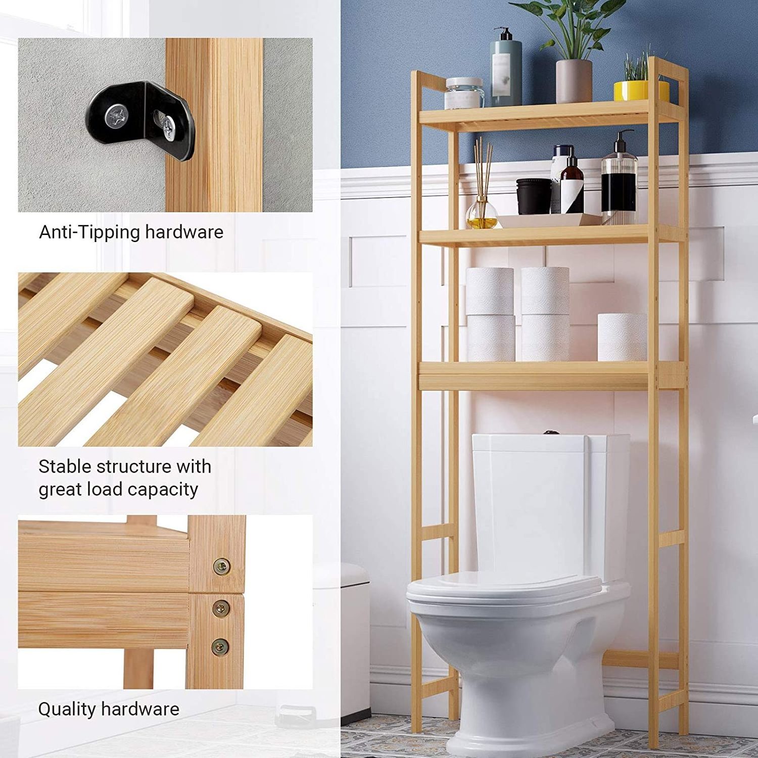 3-Tier Bamboo Bathroom Organizer With Adjustable Shelves Multifunctional Toilet Rack Over-The-Toilet Storage