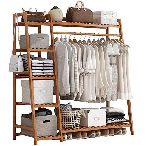 Bamboo 4 Tier Storage Shelves Clothing Garment Rack Heavy Duty Coat Hanging Rack With Hook And Top Shelf