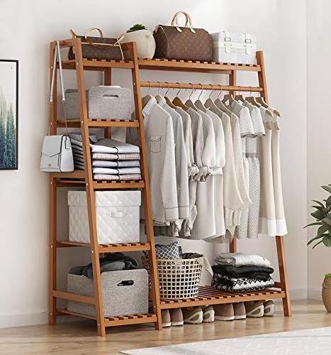 Bamboo 4 Tier Storage Shelves Clothing Garment Rack Heavy Duty Coat Hanging Rack With Hook And Top Shelf