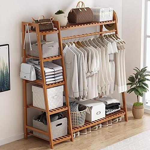 Bamboo 4 Tier Storage Shelves Clothing Garment Rack Heavy Duty Coat Hanging Rack With Hook And Top Shelf