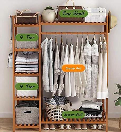 Bamboo 4 Tier Storage Shelves Clothing Garment Rack Heavy Duty Coat Hanging Rack With Hook And Top Shelf