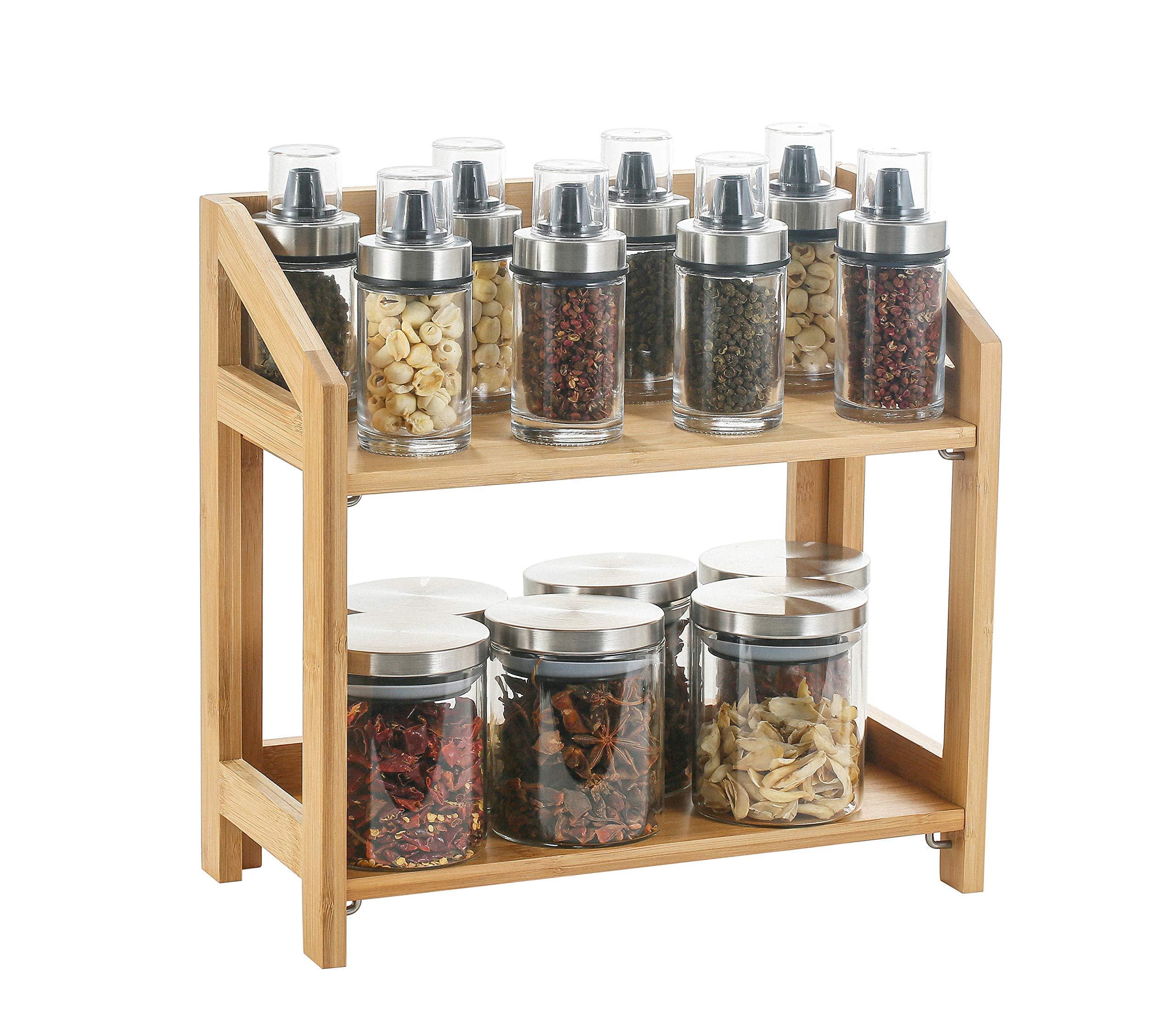 Bamboo Spice Rack Organizer Foldable 2 Tier Storage Shelf For Kitchen Counter