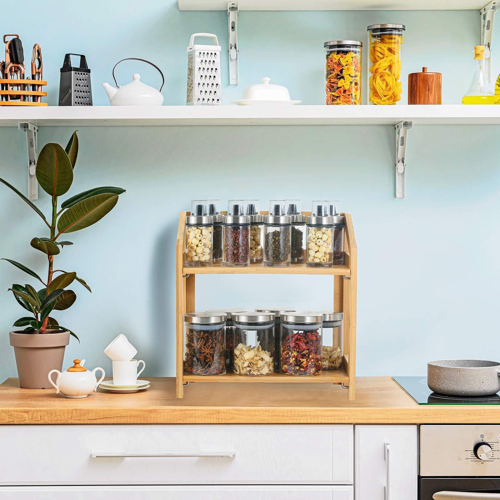 Bamboo Spice Rack Organizer Foldable 2 Tier Storage Shelf For Kitchen Counter