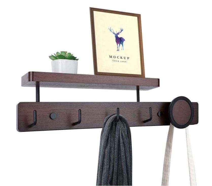 Bamboo Wall Mounted Coat Rack with Shelf Coat Hook Rack with 5 Hooks Perfect for Entrance Living Room Bedroom Bathroom