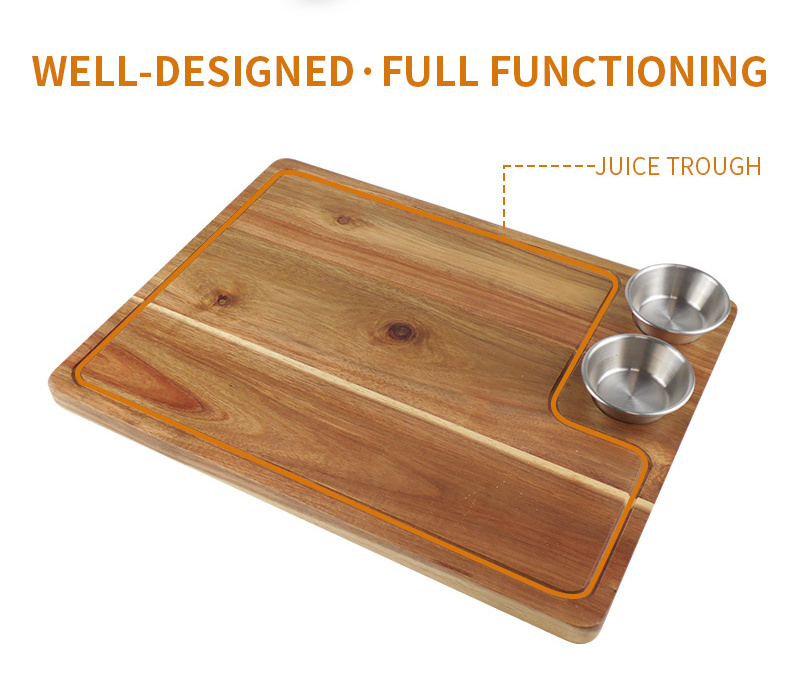 Large Acacia Wood Cutting Board for Kitchen Chopping Board with Juice Groove & stainless steel bowls for Meat