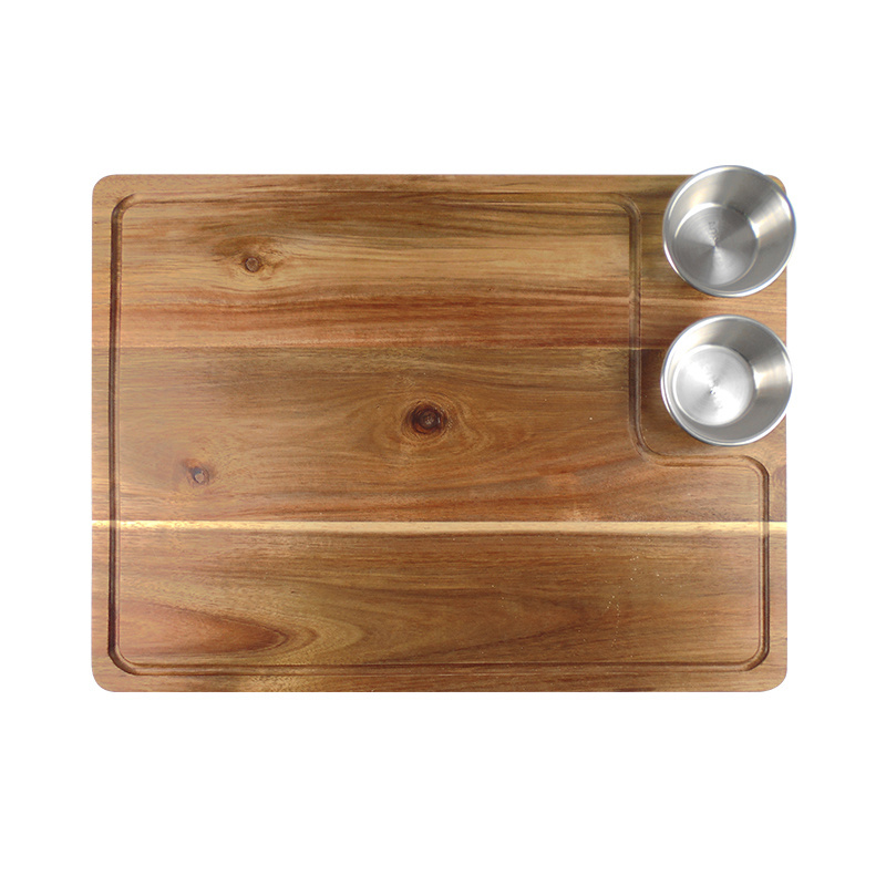 Large Acacia Wood Cutting Board for Kitchen Chopping Board with Juice Groove & stainless steel bowls for Meat